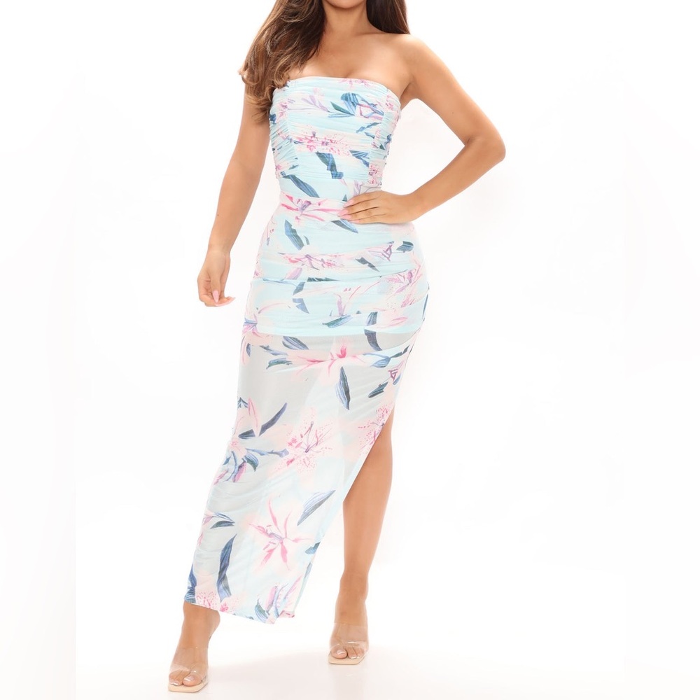Mint Pink Flowers Mesh Maxi Dress